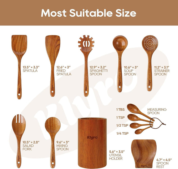 Wooden Spoons for Cooking, Nonstick Kitchen Utensils Set with 4 Piece Measuring Spoons, Comfort Grip Wooden Spatula Set, 9 Piece Teak Wooden Cooking Utensils with Holder and Spoon Rest7