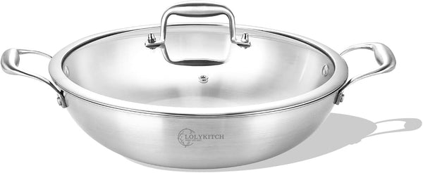 10-Inch Stainless Steel Wok with Lid | 2.5-Quart | Dual Handles | Small | Uncoated Tri-Ply Stir Fry Pan | Everyday Cooking Wok for Induction | Flat Bottom | PFOA-FREE | 1-2 Servings ﻿1