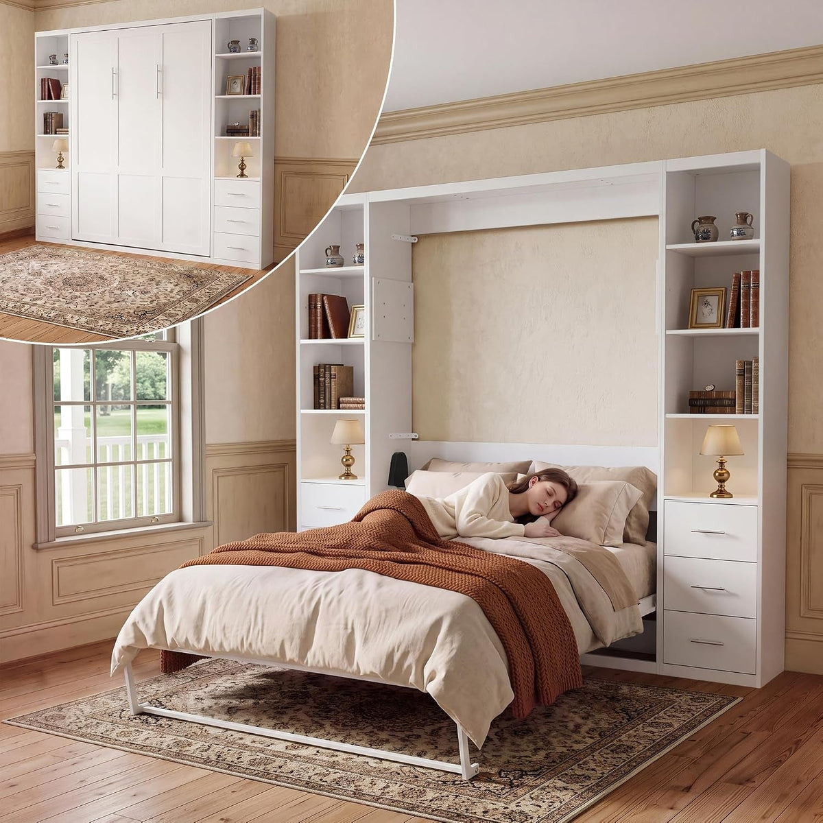 queen-murphy-bed-with-2-bookcase-space-saving-wall-bed-white