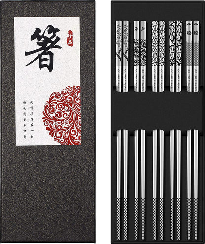 Metal Chopsticks Reusable 18/8 Stainless Steel Chopsticks Multipack Dishwasher Safe Chop Sticks Cute Laser Engraved Non-Slip Japanese Korean Chopstick for Cooking Eating 9 1/4 Inches 5 Pairs Gift Set1