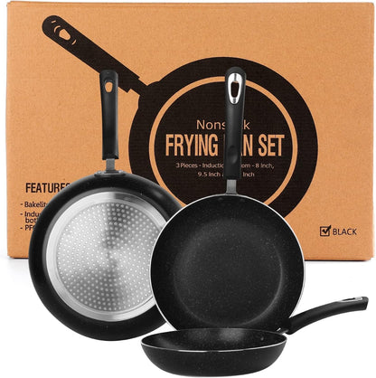Nonstick Frying Pan Set-3-Pieces Skillet Set Induction Compatible,8 Inch,9.5 Inch and 11 Inch Omelette Pan with Bakelite Handles8