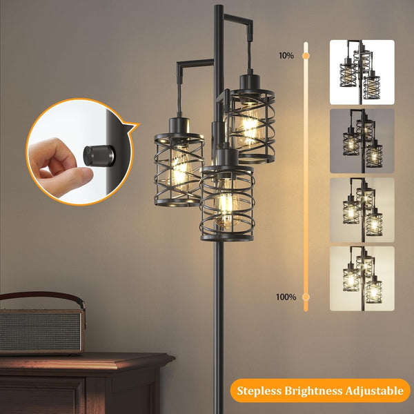 70" Industrial Floor Lamp, Stepless Dimmable Standing Lamp with 3 Bulbs, Farmhouse Corner Standing Tree Lamp for Living Room, Tall Lamps for Bedroom, Office, Study Room, Dining Room, Black3