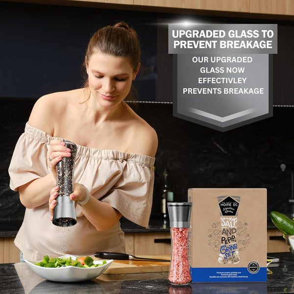 Premium Stainless Steel Sea Salt and Pepper Grinder Set of 2 - Adjustable Ceramic - Tall Glass Salt and Pepper Shakers - Kitchen Spice Mill W/Funnel & Ebook8