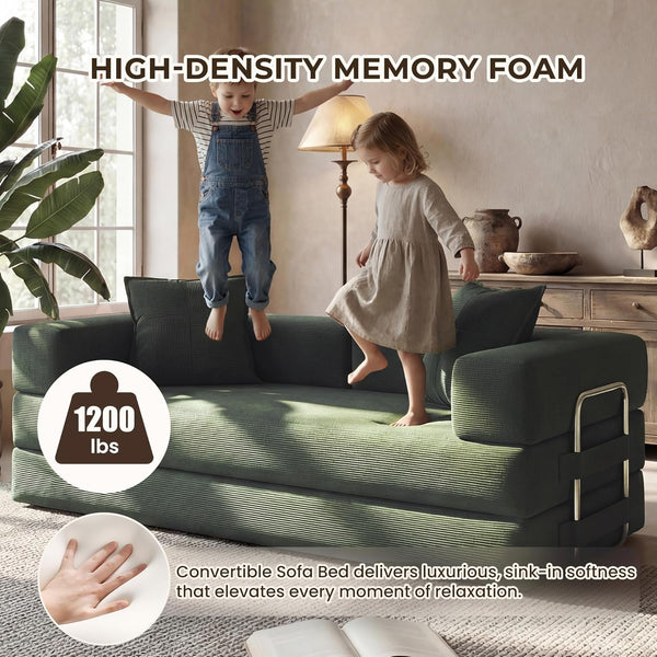78" 5-In-1 Convertible Futon Sofa Bed, Boneless Corduroy, Green7