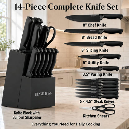 14-Piece Black Kitchen Knife Block Set with Built-In Sharpener2