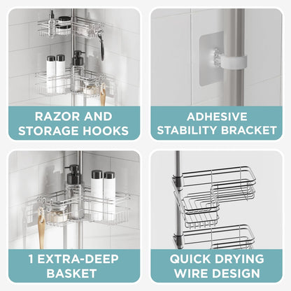 Tension Pole Shower Caddy Corner Organizer, Adjustable Standing Shower Caddy with 4 L-Shaped Baskets and Hooks, Rust Resistant Bathroom Tension Rod Organizer, 60 to 97 Inch, Satin Nickel6