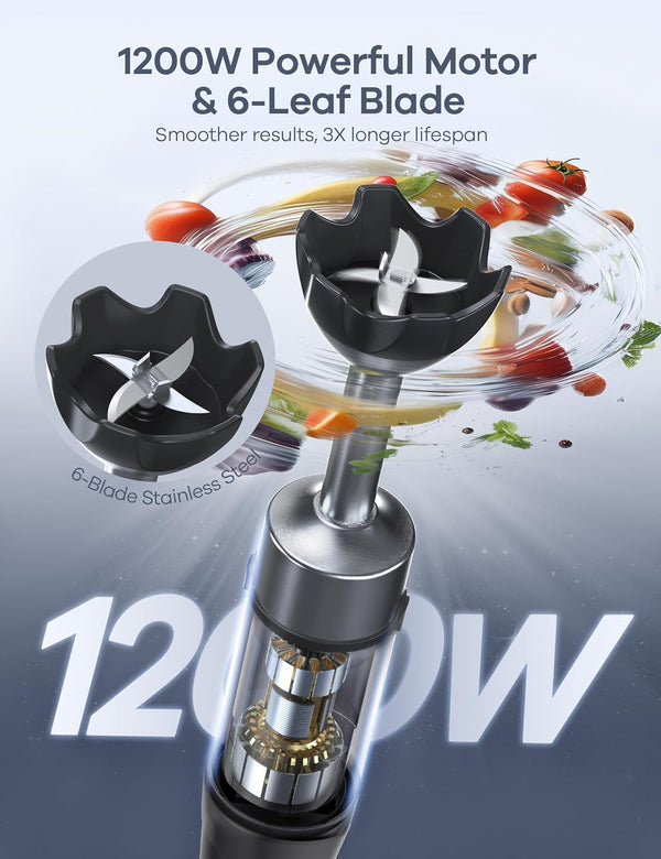 Immersion Blender Handheld, Max 1200W Hand Blenders Immersion 9-In-1 | Time Display, Variable Speed Trigger, Corded Handheld Mixers with Chopper Whisk Frother Beaker Ideal for Soup Puree Smoothies2