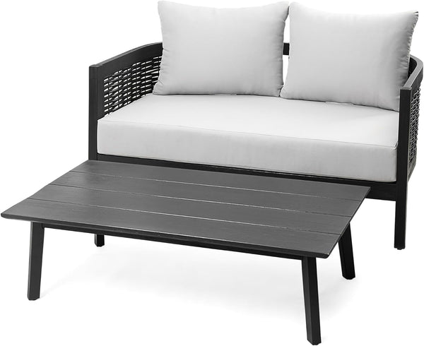 Peron Patio 4-Seater Conversation Set, Sofa/Loveseat, 2 Club Chairs, Coffee Table, Cushion+Back Pillows, Acacia Wood+Wicker, Garden, Backyard, Poolside, Black + Light Grey10