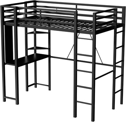 Full Size Loft Bed with Desk, 13" Guardrails, Noise-Free, Black7