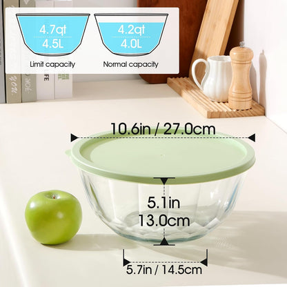 4.7 Quart Large Glass Mixing Bowl with Lid, Deep Big Glass Bowl Large Salad Bowl (Green-A)2