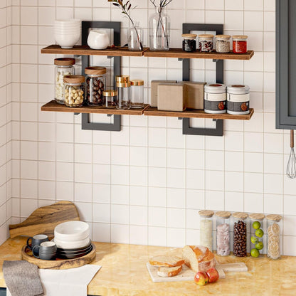 Floating Shelves for Wall, 15" Wall Shelf Set of 2, Wall Mounted Storage Shelves 2-Tier, Hanging Bathroom Shelves, for Living Room, Bedroom, Bathroom, Kitchen, Rustic Brown and Black BF32BJ01G13