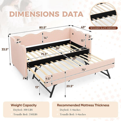 Twin Size Daybed with Pop up Trundle, Linen Gingham Twin to King Daybed with USB Ports, Upholstered Day Bed Frame, Modern Sofa Bed for Living Room/Bedroom/Guest Room, No Box Spring Needed, Pink3