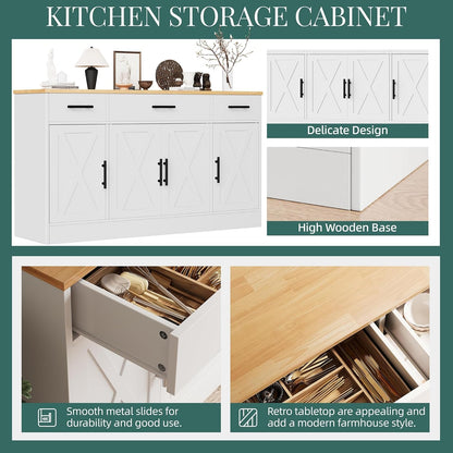 Buffet Cabinet with Storage,53.4" Large Kitchen Storage Cabinet with 3 Drawers and 4 Doors,Wood Farmhouse Buffet Sideboard with Adjustable Shelf for Kitchen Living Room, White7