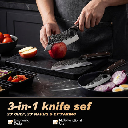 Butcher Knife Set 3PCS, Hand Forged Serbian Chef Knife & Meat Cleaver & Viking Knife, Food Cutting Kitchen Knife for Home, Outdoor Cooking, Camping BBQ Gift for Men2