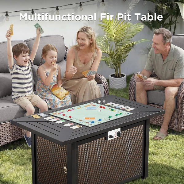 Luxury Patio Furniture Set with 42.5" Fire Pit Table, 6-Inch Thick Cushions Wicker Outdoor Furniture with Wicker Swivel Patio Chairs Set of 2, Patio Conversation Set for Deck Garden Porch, Gray3