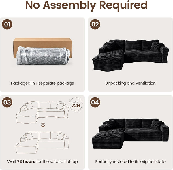 97" L-Shape Sectional Couches, 3 Seater Sectional Sofas for Living Room Bedroom, Plush Corduroy Cloud Boneless Couch Sofa (Black, Left Facing Chiase, 97 Inch)9