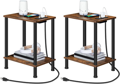 Side Table with Charging Station, Set of 2 End Tables with USB Port and Outlets, Nightstand with 2-Layer Storage Shelves for Small Spaces, Living Room, Bedroom, Rustic Brown BF09UBZP2011