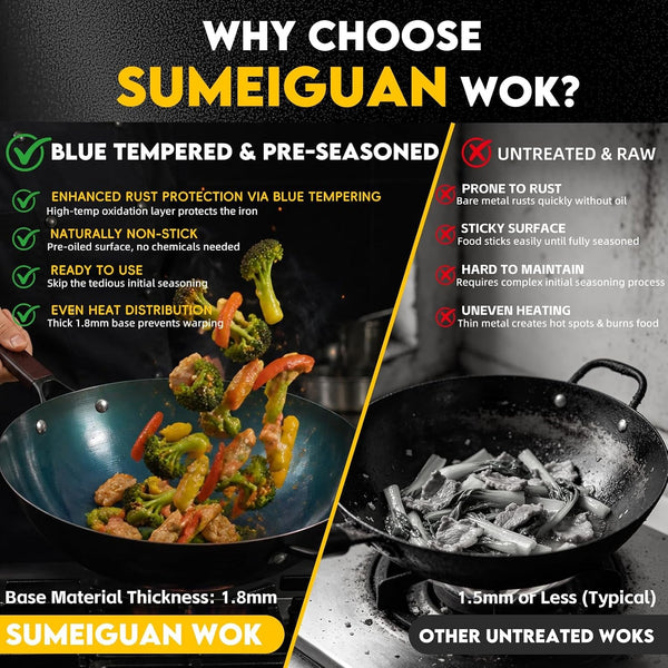13.5" Blue Carbon Steel Wok, Pre-Seasoned Flat Bottom Wok Pan | Pre-Seasoned, No Chemical Coating, Rust-Resistant Blue Tempering, Fits Gas/Induction/Electric Stoves, Ideal for Stir-Fry4