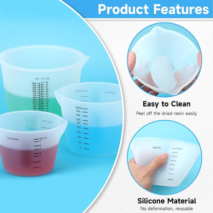 Silicone Resin Cups Set, Large Silicone Mixing Bowl with Precise Scale for Epoxy, Jewelry Casting Molds, Acrylic Paint, Cup Making, Nonstick Reusable Craft Pouring Cups, 1000Ml & 500Ml & 250Ml5