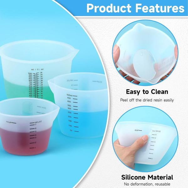 Silicone Resin Cups Set, Large Silicone Mixing Bowl with Precise Scale for Epoxy, Jewelry Casting Molds, Acrylic Paint, Cup Making, Nonstick Reusable Craft Pouring Cups, 1000Ml & 500Ml & 250Ml5