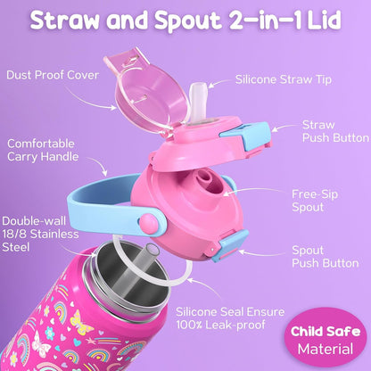18Oz Kids Insulated Water Bottle with 2-In-1 Straw & Spout Lid2