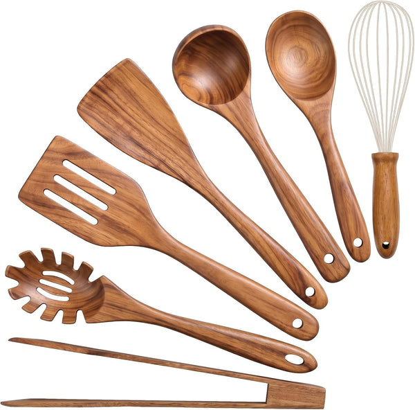 Nonstick Wooden Utensil Set for Cooking, Handmade Smooth Finish Teak Wood Spoons Spatula Turner for Cooking and Kitchen Gifts (7Pcs)1