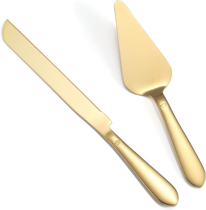 Cake Cutting Set for Wedding, Elegant Cake Knife and Server Set with Thickened Stainless Steel Rounded Edges, Cake Cutter Pie Spatula for Birthday Anniversary, 2 Pcs, Gold1