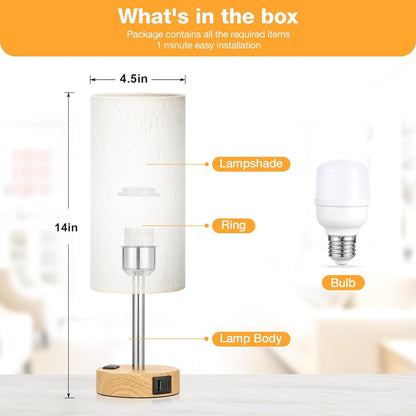 Bedside Table Lamp for Bedroom - Dimmable Touch, USB A+C, AC Outlet | 3-Way Dimmable, LED Bulb Included, Fabric Lampshade, Wood-Grain Metal Base, 14" Small Nightstand Lamp for Desk, Living Room5