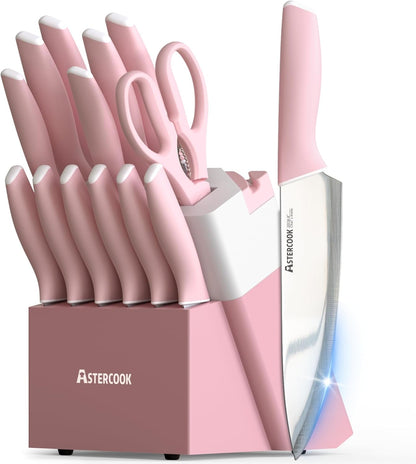 Knife Set, Kitchen Knives Set with Block and Sharpener 15 Pcs German Stainless Steel Knives Sharp Blade Dishwasher Safe Deba Knives with Ergonomic Handle, Crystal Pink1