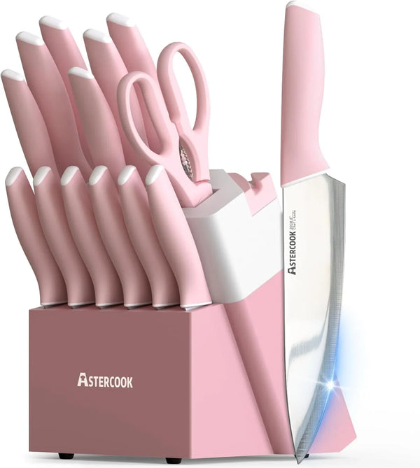 Knife Set, Kitchen Knives Set with Block and Sharpener 15 Pcs German Stainless Steel Knives Sharp Blade Dishwasher Safe Deba Knives with Ergonomic Handle, Crystal Pink1