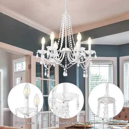 White Crystal Chandeliers for Bedroom, 6 Lights White Chandelier Light Fixture Girls Chandeliers for Dining Room Elegant Modern Contemporary Candle Ceiling Light for Living Room Entryway Foyer9