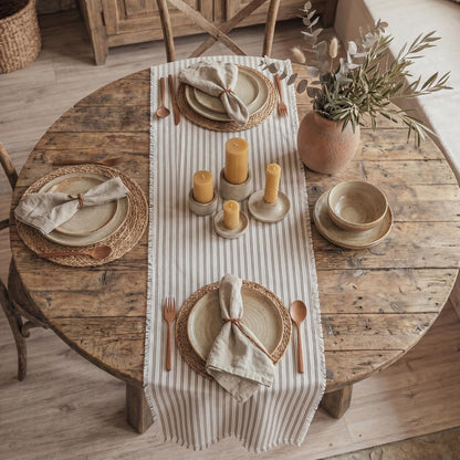 Striped Table Runner 71X12 Inch Brown Cotton Linen Fringe4