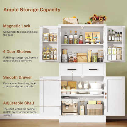 Pantry Cabinet with 2 Drawers, Kitchen Storage Cabinet with 4 Door Shelves, Kitchen Pantry for Living Room, Dining Room, Bathroom, White4