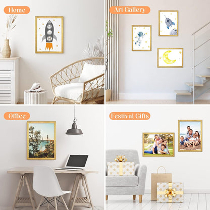 12X16 Wood Picture Frame Gold, Ornate Natural 16X12In Frame, Modern Golden 12 X 16 Inch Gallery Wall Photo Poster Frame with HD Plexiglass, Horizontal Vertical Wall Mounting Display 1Pcs2