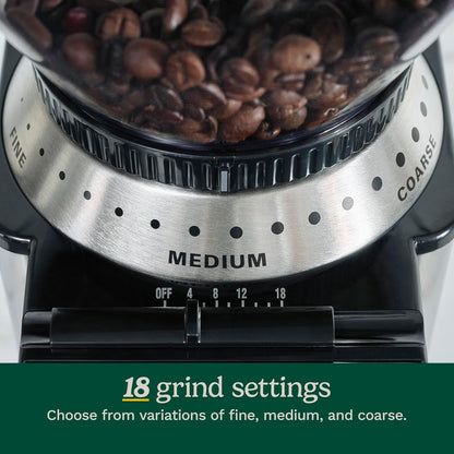 Electric Burr Coffee Grinder, 18-Position Selector, 4-18 Cups | Flat Burr Coffee Bean Grinder with 18 Options, Fine to Coarse, & Removeable, Easy-To-Clean 8 Oz Bean Hopper, DBM-8P14