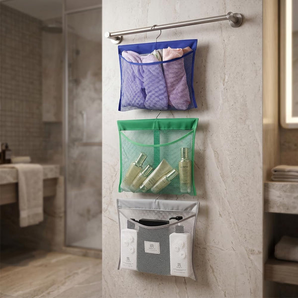 Hanging Mesh Shower Pockets for 34Oz/1000Ml Shampoo and Conditioner,Colorful Bath Toy Organizer,Hanging Tandem Type Closet Accessories Storage Bag,Gray6