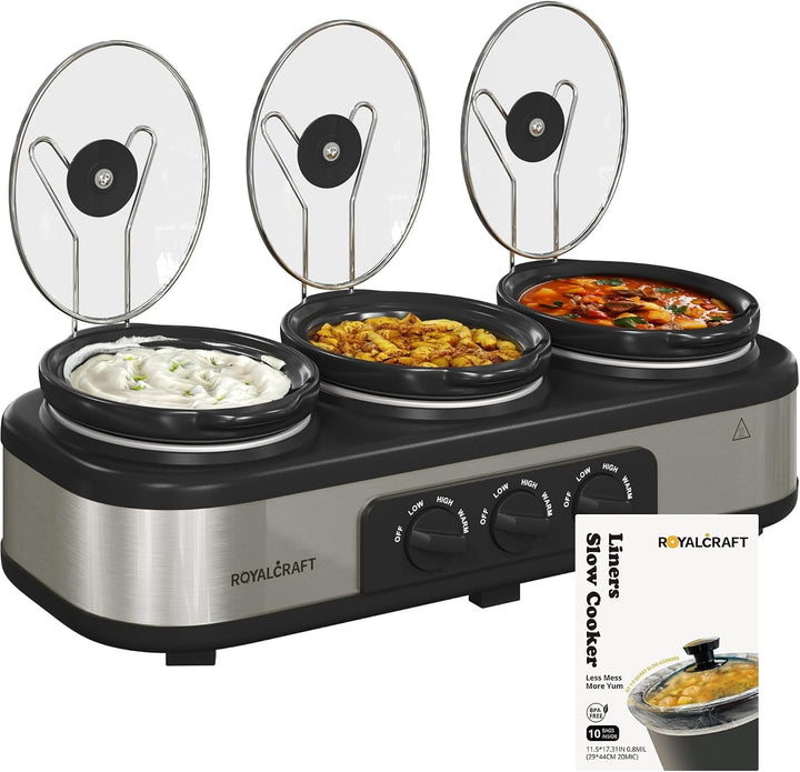Slow Cooker with 10 Cooking Liners, Triple Slow Cooker Buffet Server 3 Pot Food Warmer for Parties with 3 Spoons ? Lid Rests,Adjustable Temp, 3 * 1.5 Quarts Silver