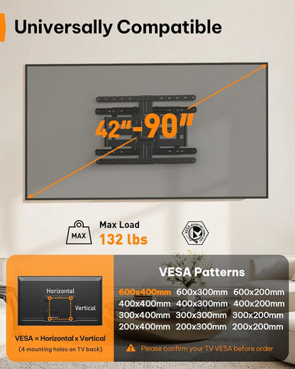 Ultra Slim TV Wall Mount 1.1" Low Profile for 42-90" Tvs, Fits 16"/24" Studs, Full Motion TV Mount Wall Bracket with Dual Articulating Arms, Swivel, Tilt, Max VESA 600X400Mm, Holds 132Lbs2