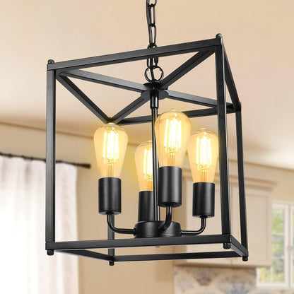4-Light Black Farmhouse Chandelier, Iron Lantern Pendant Light Rustic Cage Adjustable Height, E26 Base Industrial Hanging Lights for Kitchen Island Dining Room Hallway Foyer Entryway2