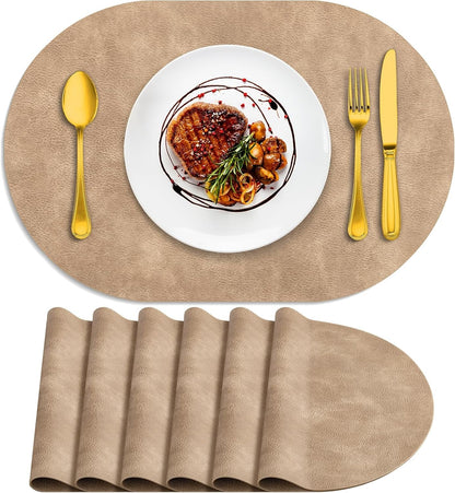 Placemats, Heat Resistant Oval Placemats Set of 6 Washable 12 X 17 Inch, Waterproof Table Placemats Set of 6, Wipeable Faux Leather Placemats for Kitchen, Dining Room, Apricot1