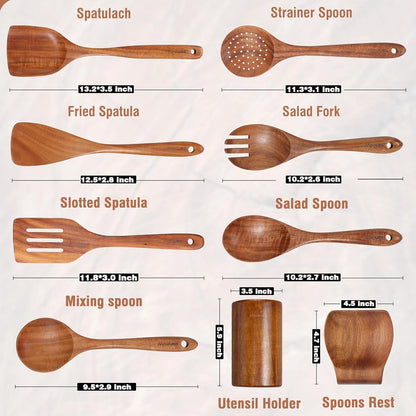 Wooden Kitchen Utensil Set, 9 Piece Natural Teak with Spoon Rest | Wooden Cooking Utensils with Comfort Grip, Smooth Durable Heat Resistant Cooking Spoons and Utensils Holder for Cooking3