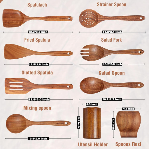 Wooden Kitchen Utensil Set, 9 Piece Natural Teak with Spoon Rest3