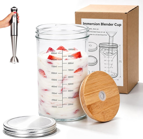 40Oz Immersion Blender Glass Cup 1200Ml Blender Measuring Cup with 2 Lids Wide Mouth Glass Measuring Beaker for Hand Blender Immersion Blending Jar Mixing Cup for Kitchen Home (NO BLENDER)1