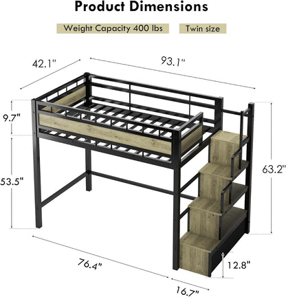 Heavy Duty Loft Bed Twin Size Bunk Bed with Storage Cabinet, Black2