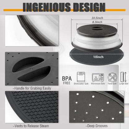 Microwave Splatter Cover & Silicone Mat, 10Inch | Black, Collapsible, Vented, Reusable Food Guard & Plate Cover, Heat-Resistant Trivet for Pots, Pans, & Kitchen Counter2