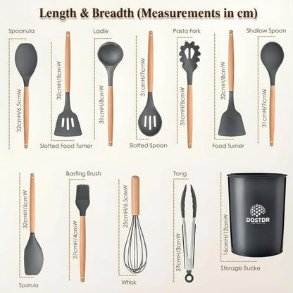 12 Piece Silicone Kitchen Cooking Spoon Set Wooden Handle & Holder - Small6