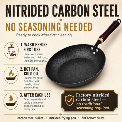 10.5" Hand Hammered Carbon Steel Skillet for Searing | Uncoated Surface; Removable Handle for Oven Use, Smoother Food Release with Seasoning, and Compatibility with All Stovetops.9