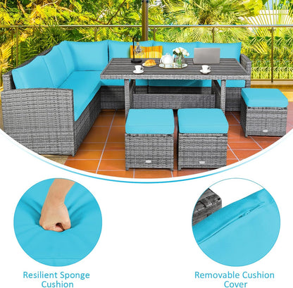 7 Pieces Patio Furniture Set, Outdoor Sectional Rattan Dining Sofa Set with Cushions, All Weather Wicker Conversation Couch Set with Dining Table & Ottomans for Yard Garden Poolside7