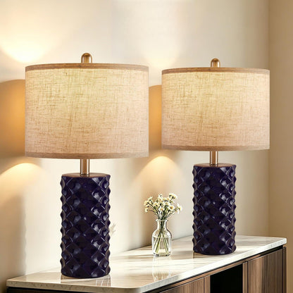 Star Diamond Ceramic Table Lamps Set of 2 - Dark Blue Nightstand Lamps 23"1