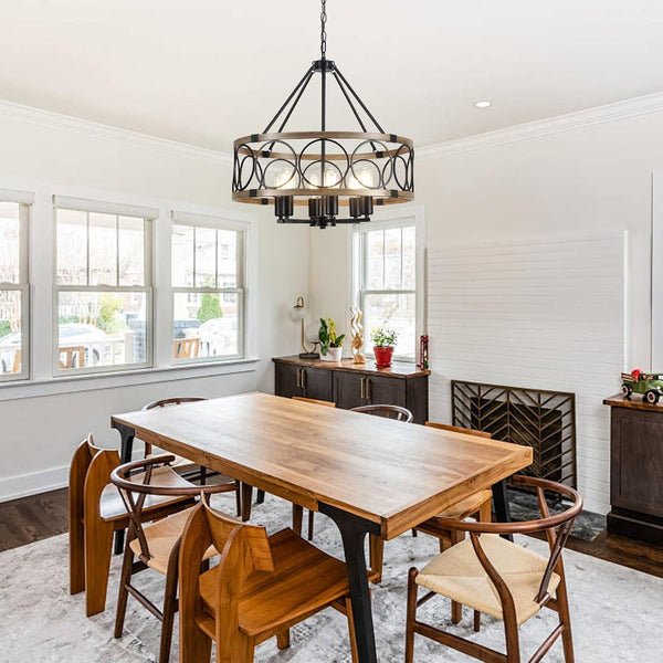 6-Light Farmhouse Chandelier for Dining Room, 21.65'' Black Rustic Industrial Drum Chandeliers Imitation Wood Grain Pendant Light Fixture for Kitchen Island Entryway Foyer Bedroom Hallway,E26 Metal9